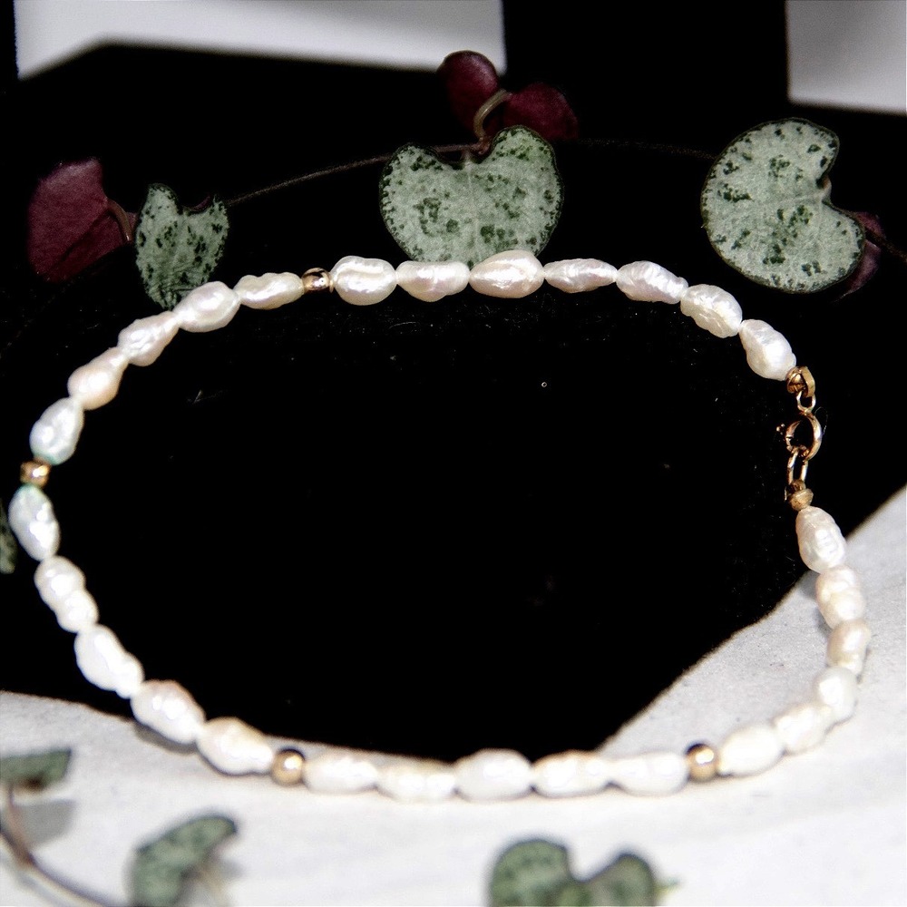 14k‎ Yellow Gold Natural Freshwater Baroque Pearl Bead Bracelet 7 Inch White